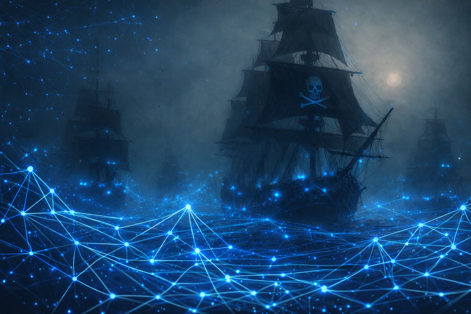 Dunkle Segelschiffe im Nebel über einem leuchtenden Netzwerk