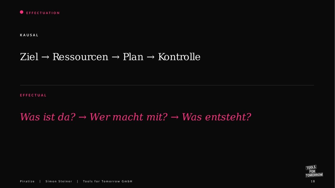 Kausale Logik (Ziel, Ressourcen, Plan, Kontrolle) gegen effektuale Logik (Was ist da, wer macht mit, was entsteht)